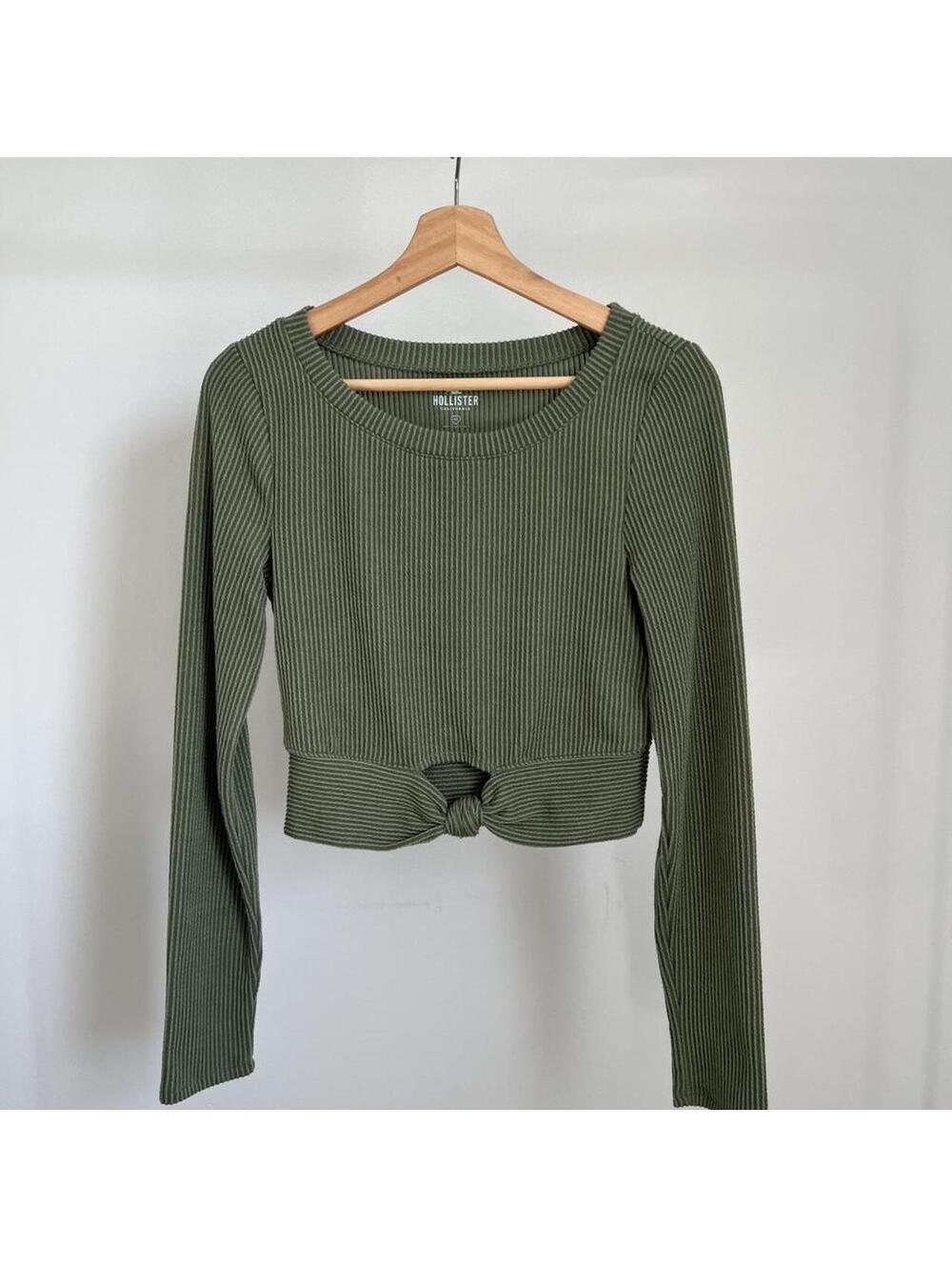 Ribbed Knot Front Crop Top Sage Green Long Sleeve